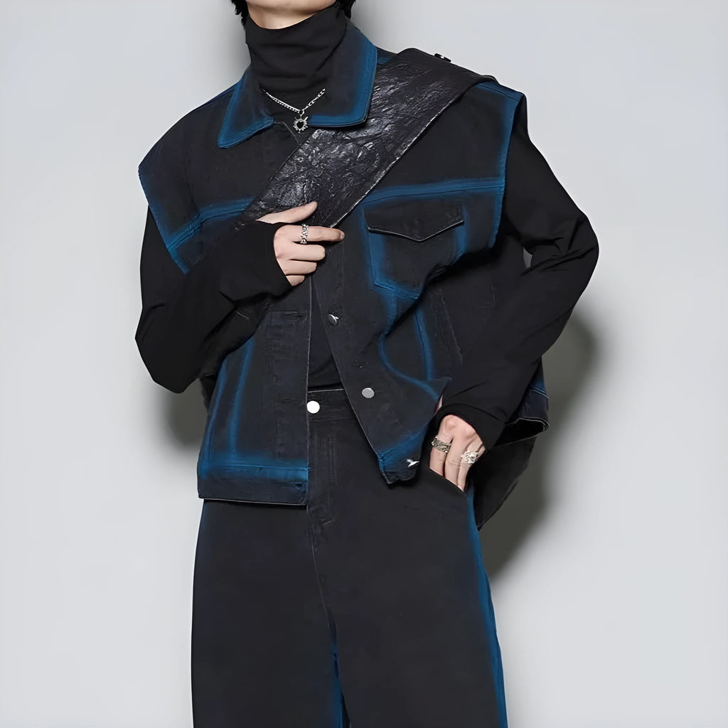 Fleece-lined distressed denim vest and jeans set with spray colour gradient design in blue or black