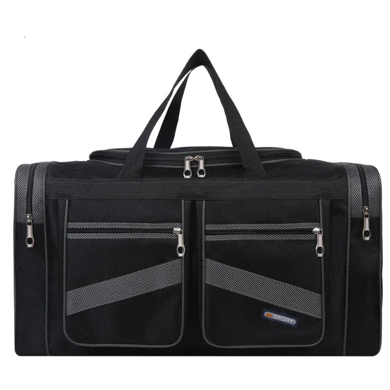 Foldable large capacity tote travel bag in Oxford cloth with zipper opening and soft handle, available in blue, grey, khaki, red