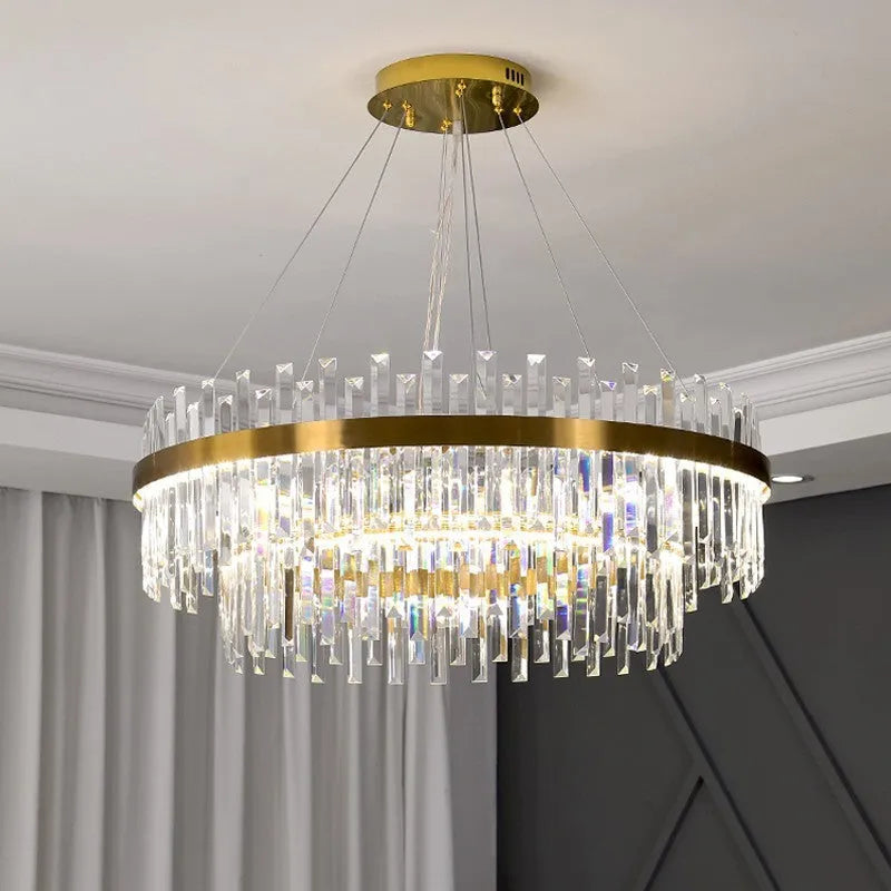 Stainless steel and crystal multi-head ceiling chandelier with adjustable height