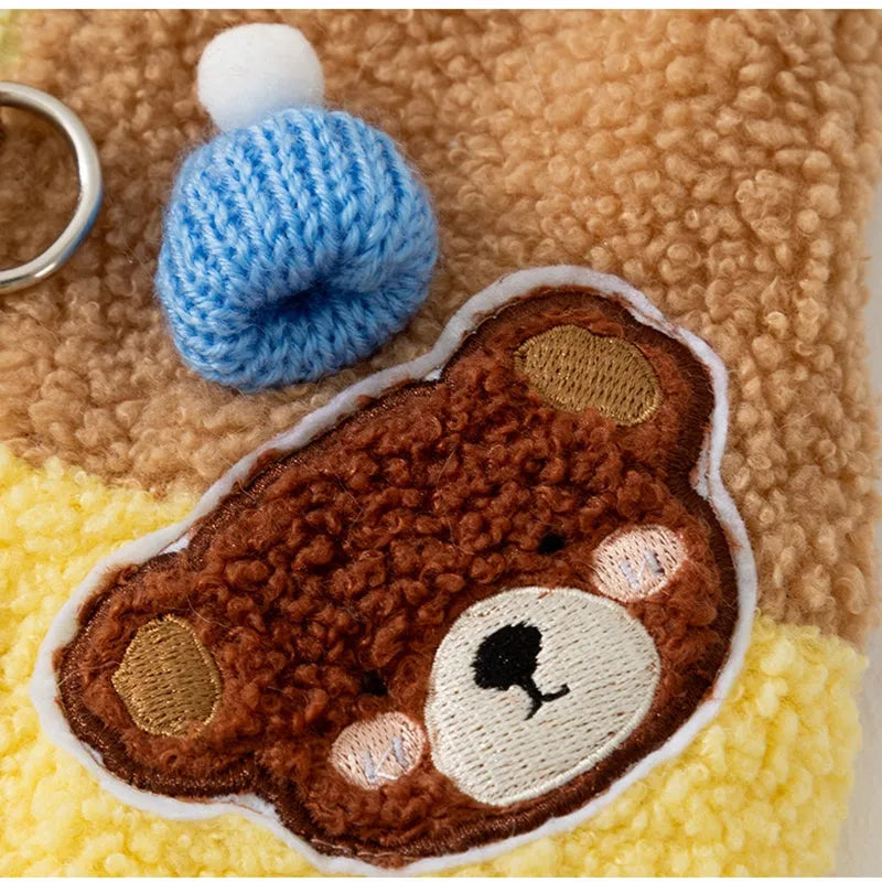 Cute bear embroidered pet fleece jacket with plaid pockets and leash ring for small dogs in yellow