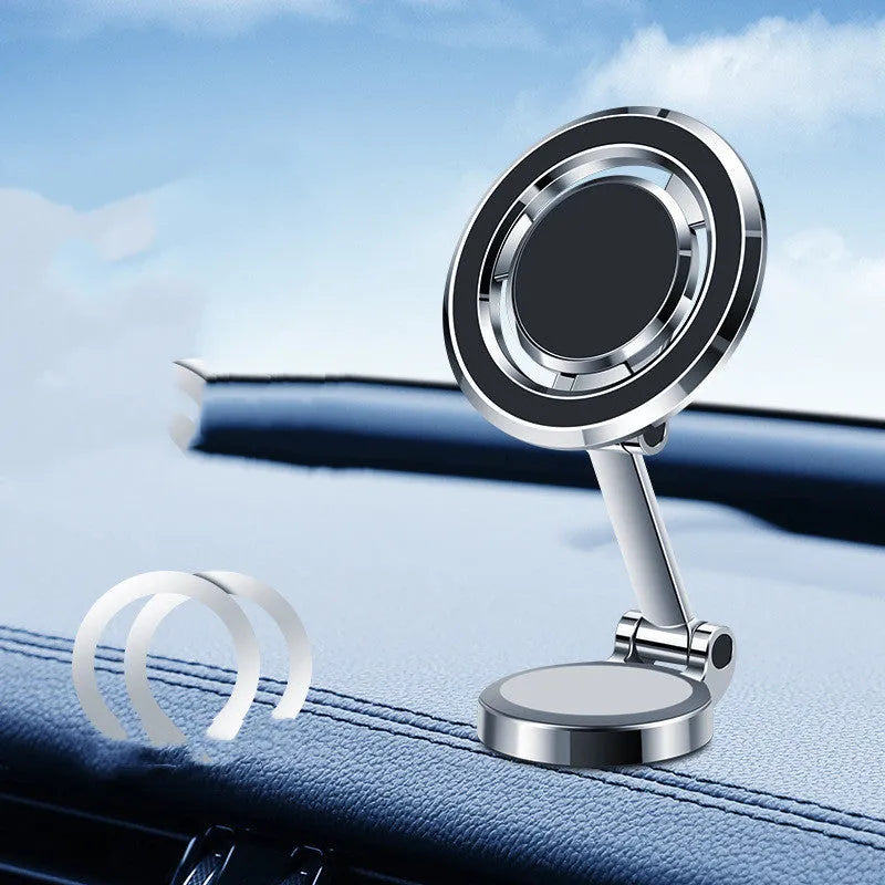 Car dashboard mobile phone holder with flexible clip and magnetic adhesive mount in black or silver.