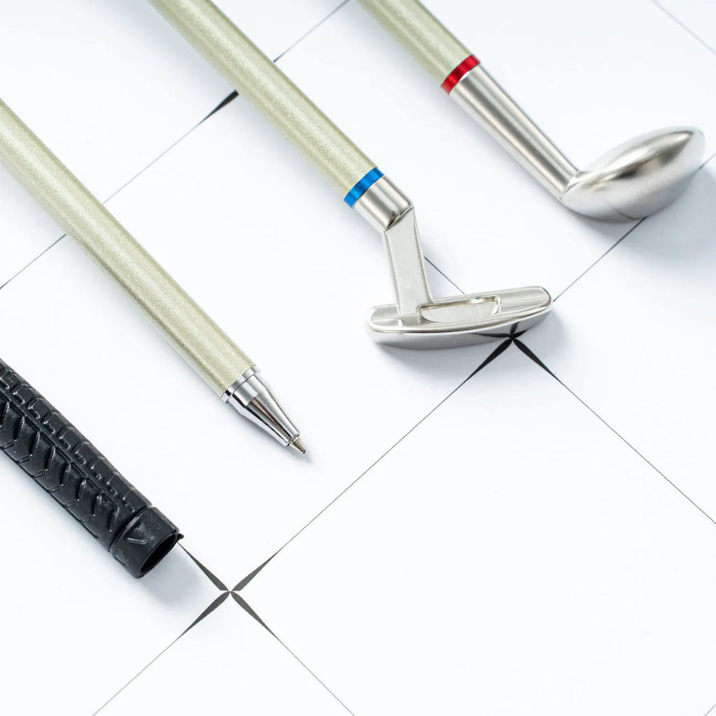 Three metal ballpoint pens with 0.7mm bullet nibs and suit golf design refills