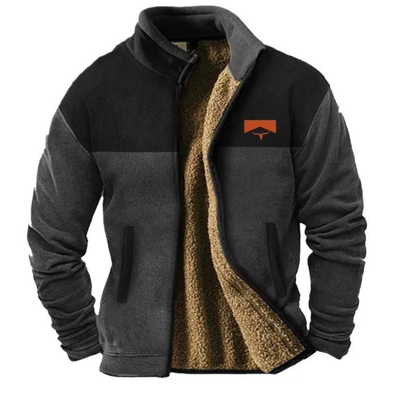 Men's green fleece-padded polyester coat on a hanger, regular length.