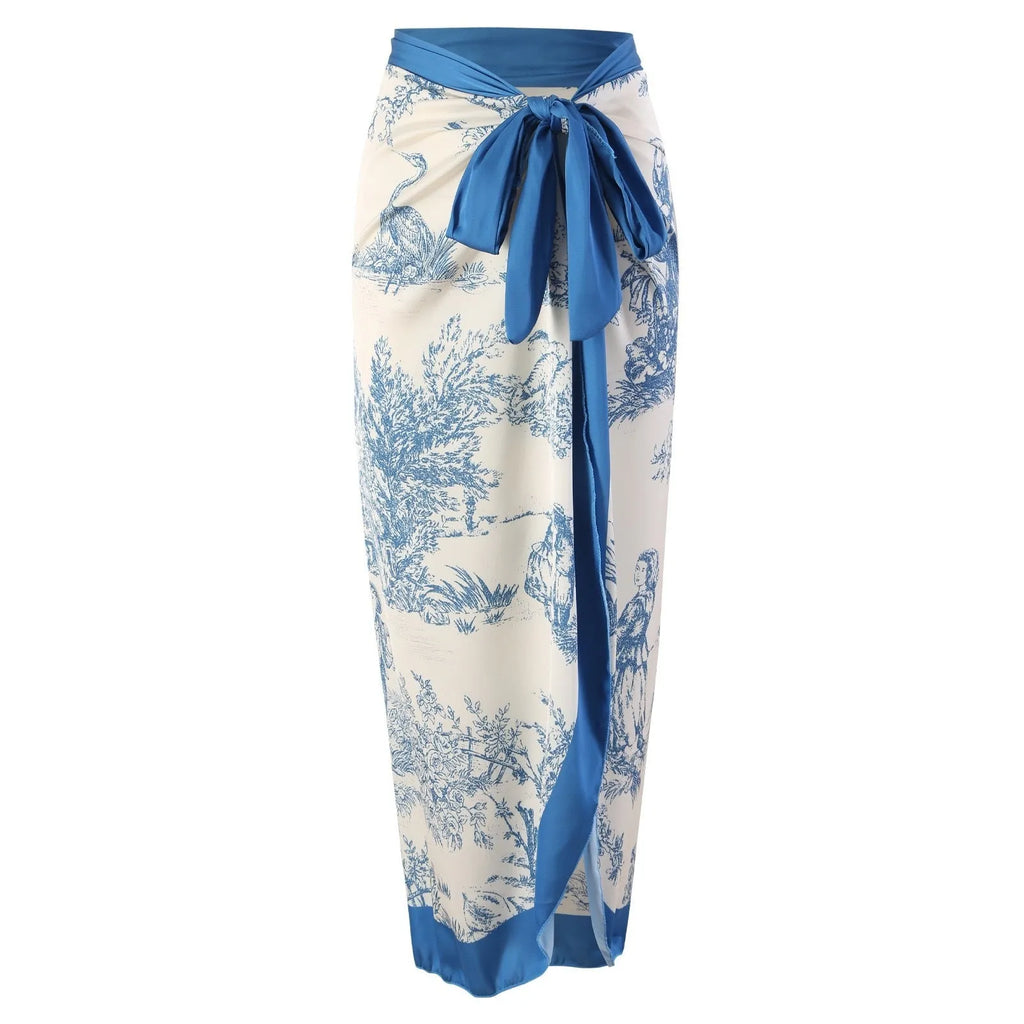 Blue women's one-piece swimsuit with detachable gauze skirt shown in S M L XL sizing options