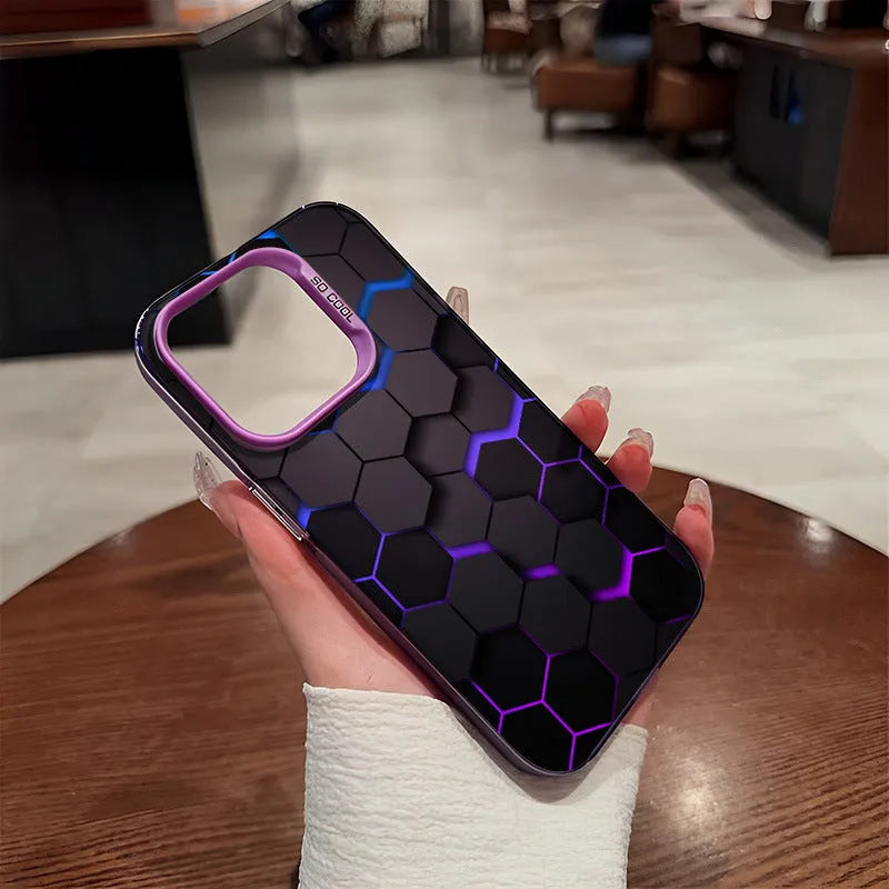 Frosted black iPhone case with a honeycomb square pattern on the back.