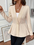 Women's apricot knitted cardigan with Jacquard pattern and one button, shown on a model.