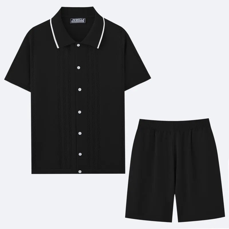 European and American business casual two-piece set in khaki, dark blue, black, light blue, grey, and wine red featuring short sleeve knit top and shorts.