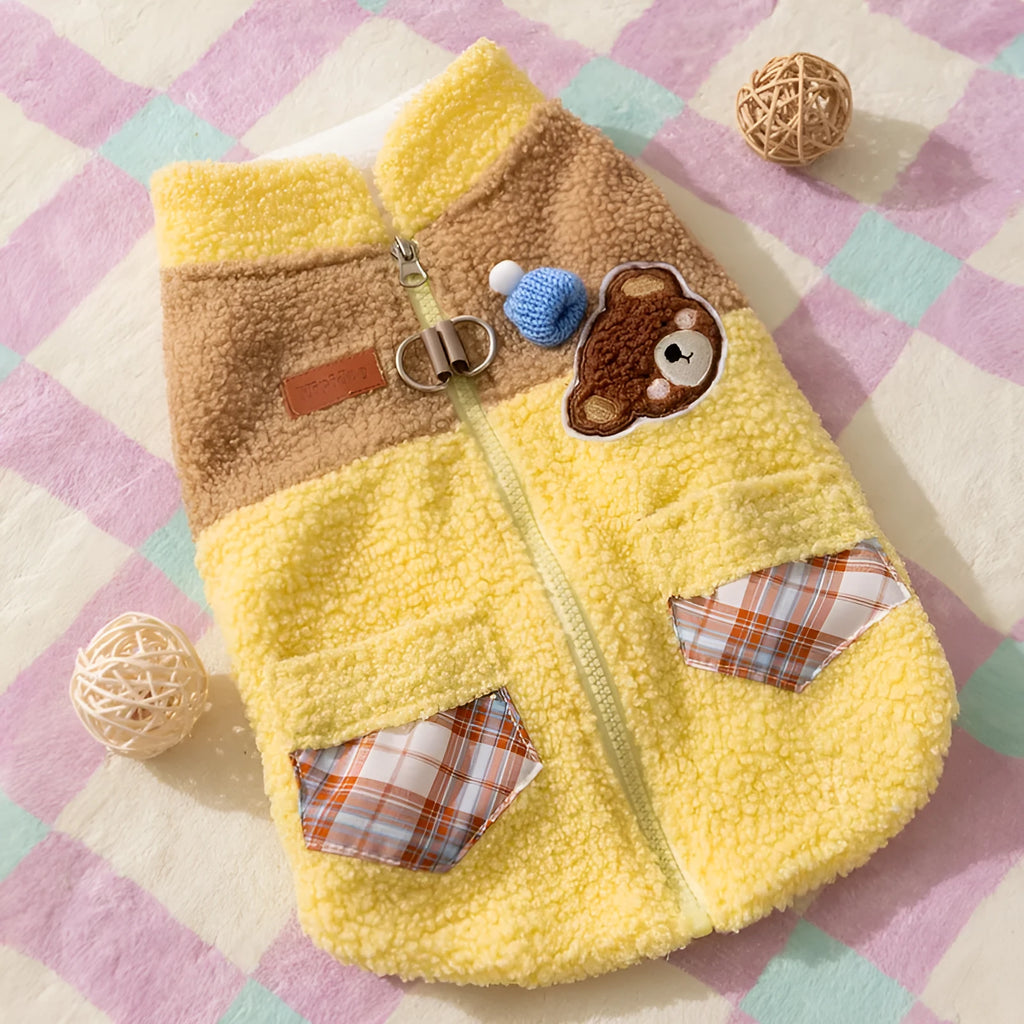 Cute bear embroidered pet fleece jacket with plaid pockets and leash ring for small dogs in yellow