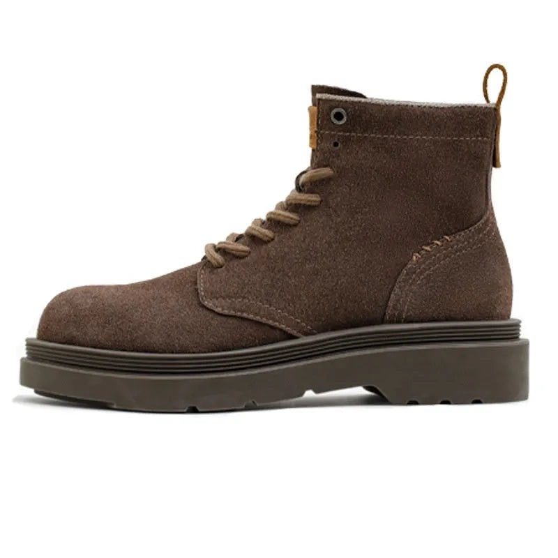Men's rock brown cowhide platform Martin boots with middle high top, round toe and front lace-up, sizes 38-44