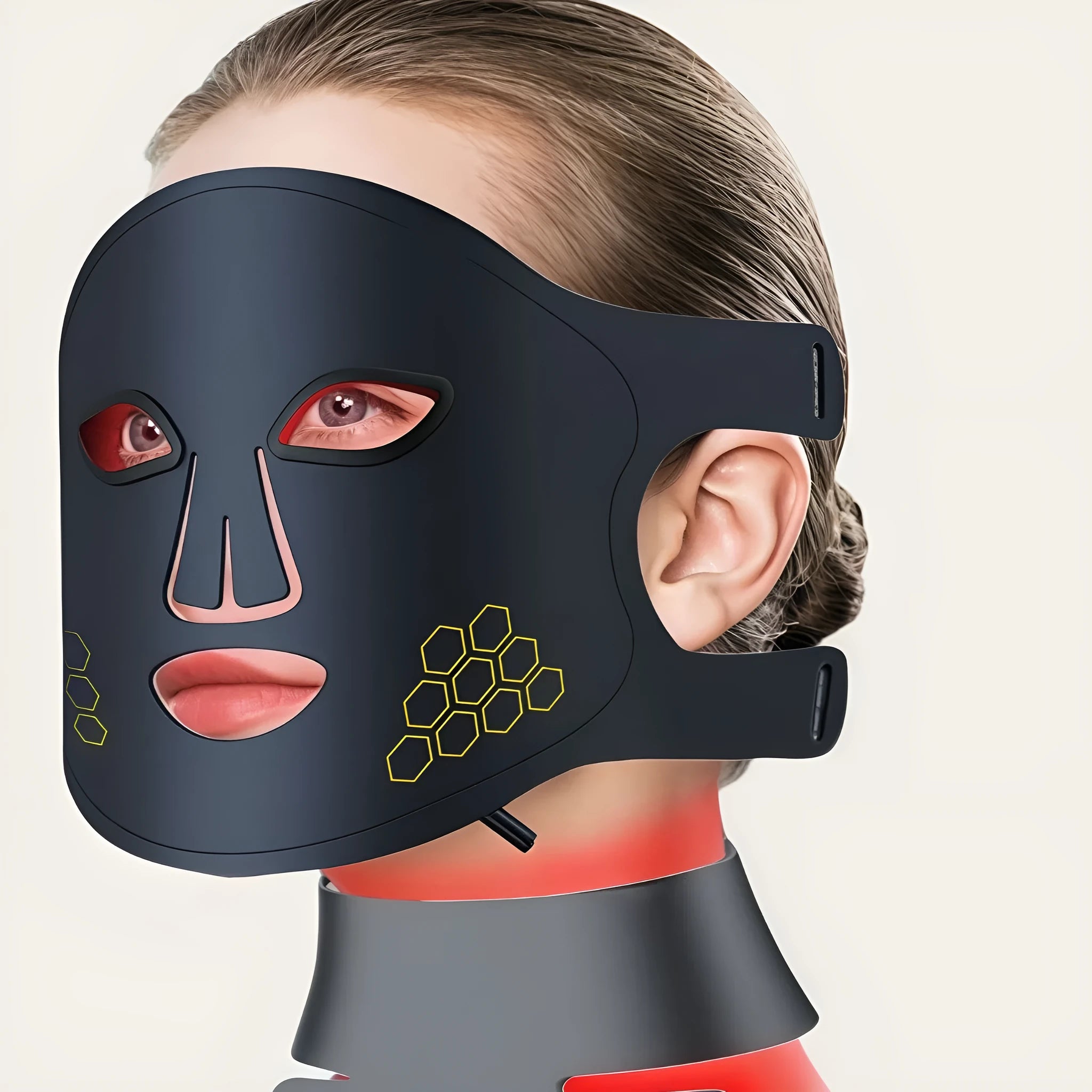 M01 Black infrared four-colour LED photon mask with neck care panel for home skincare.