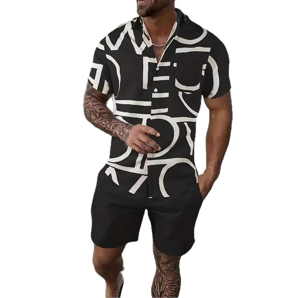 Men's Hawaiian style short sleeve shirt and shorts casual suit set on a hanger.