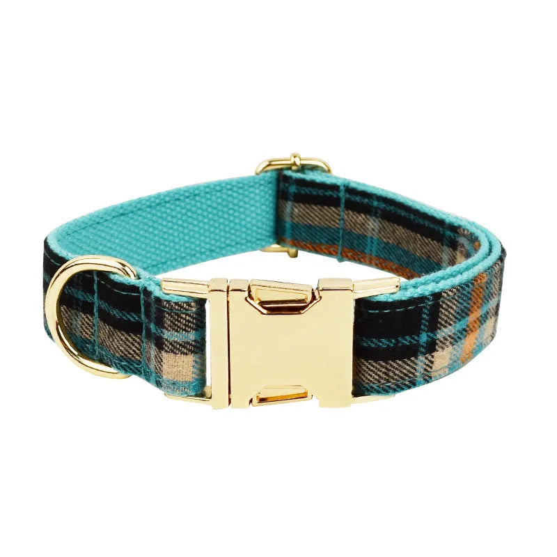 Green retro four-piece pet set with cloth collar, dog leash, bow, and dog vest in sizes XS to XL