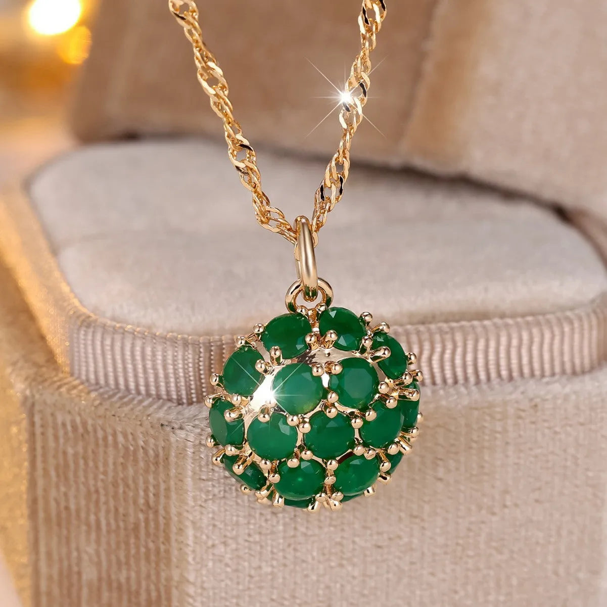 Round emerald diamond necklace with champagne gold electroplated finish on adjustable chain