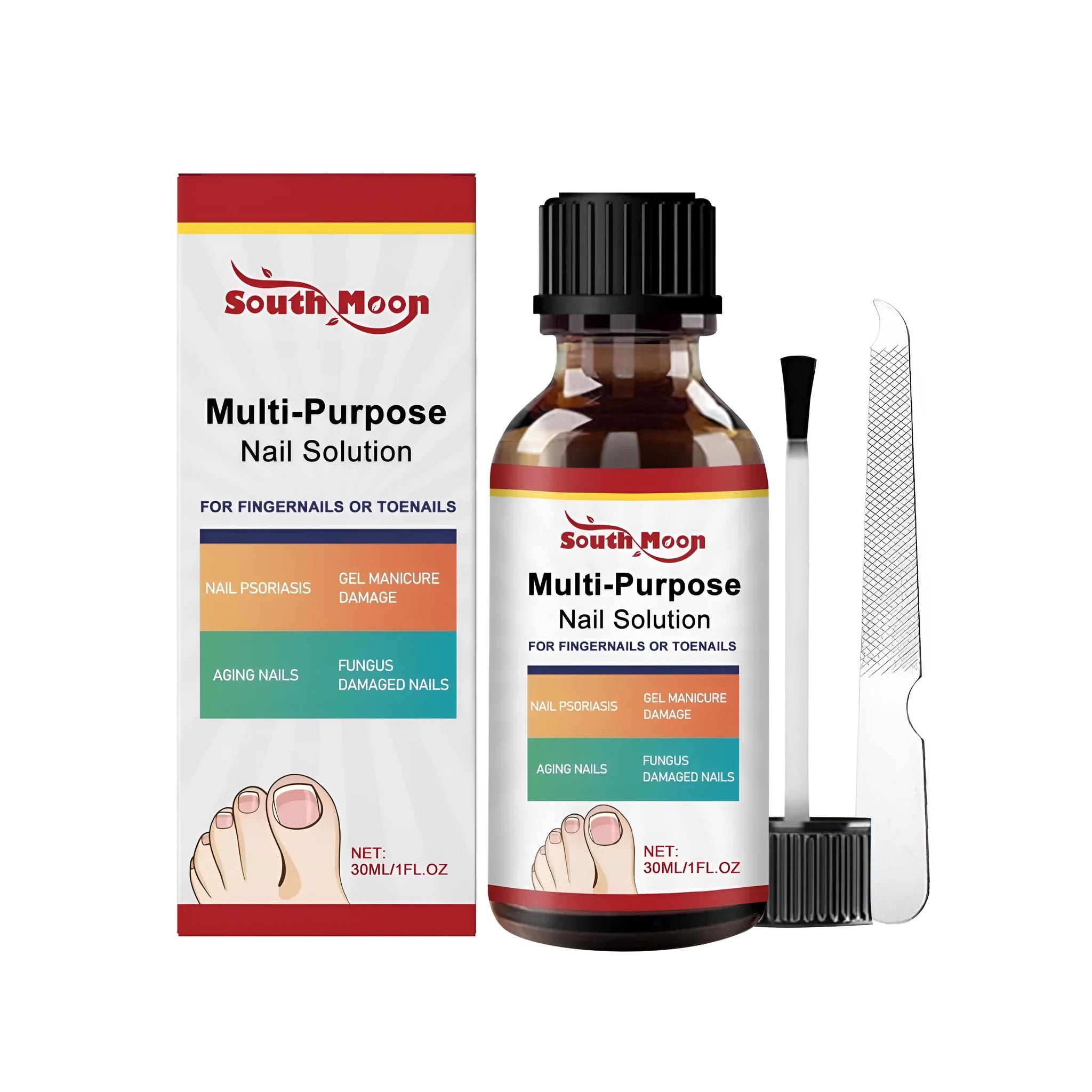 30ml bottle of nail care solution with tea tree oil and white willow bark alongside a nail file