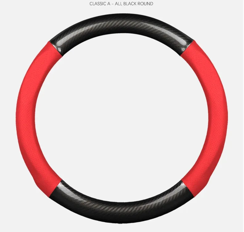 Universal 38cm leather carbon fiber steering wheel cover in mirror black with belt hole and tricolor mark.