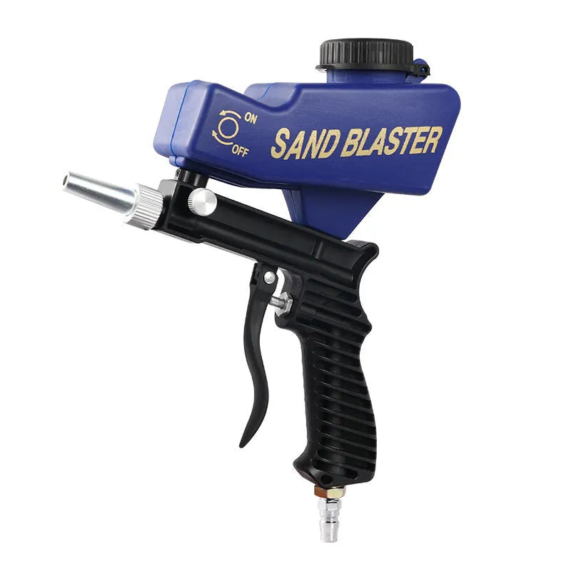 Portable small gravity pneumatic sandblasting gun with 21lb tank, shown in blue colour