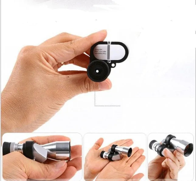 Compact aluminium 8x20 monocular telescope with blue lens coating, shown with canvas carrying bag and lens cloth