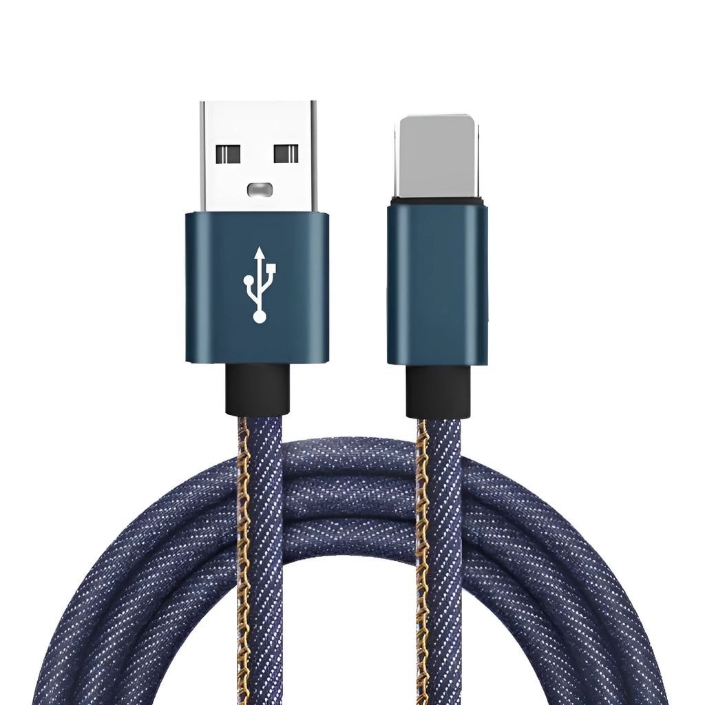 Cowboy-style denim USB-C charging cable with aluminium connectors in black, blue, or red.