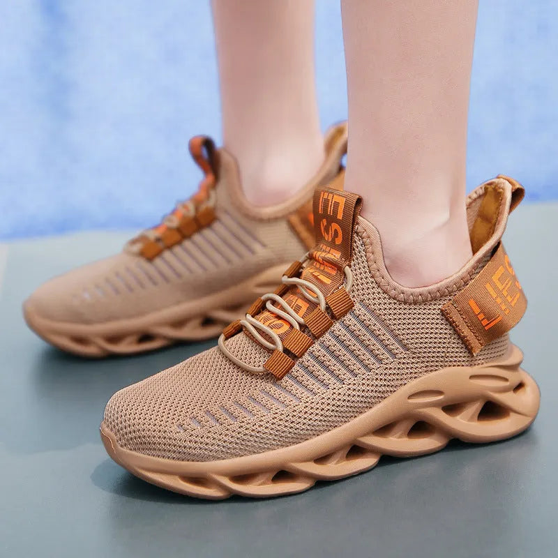 Kids street sneakers with Velcro strap and fabric upper in black, khaki, or white colour options