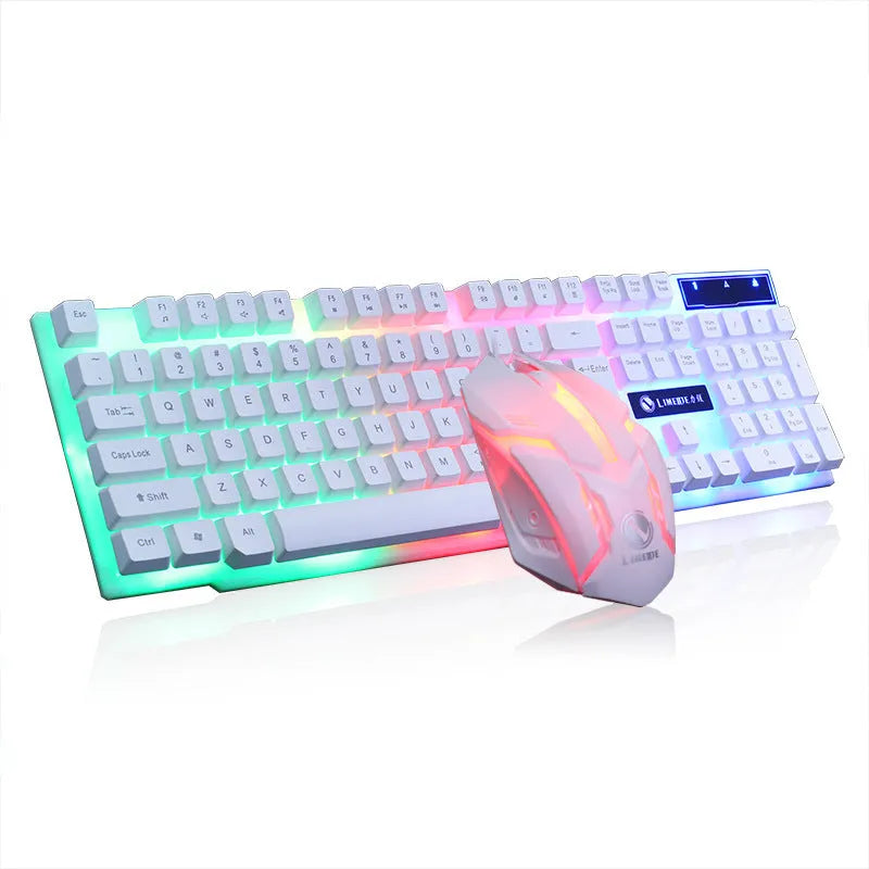 Limei Gtx300 black and white gaming keyboard and mouse set with backlight on desktop