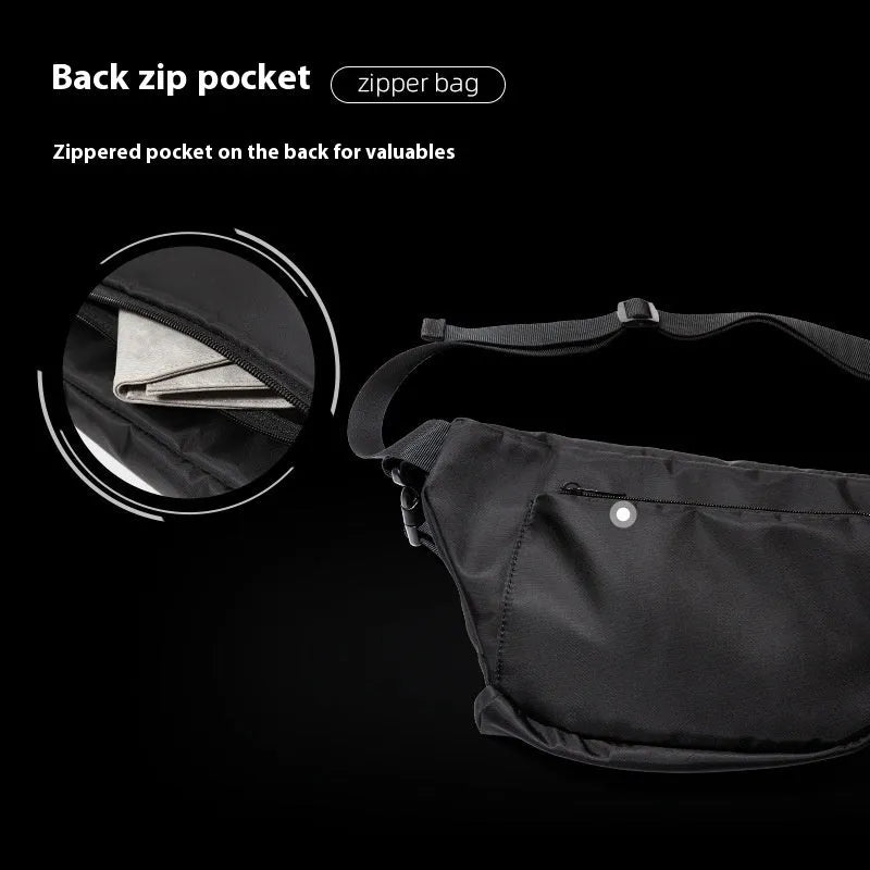 Black men's slanted chest bag made from Oxford fabric measuring 8 inches