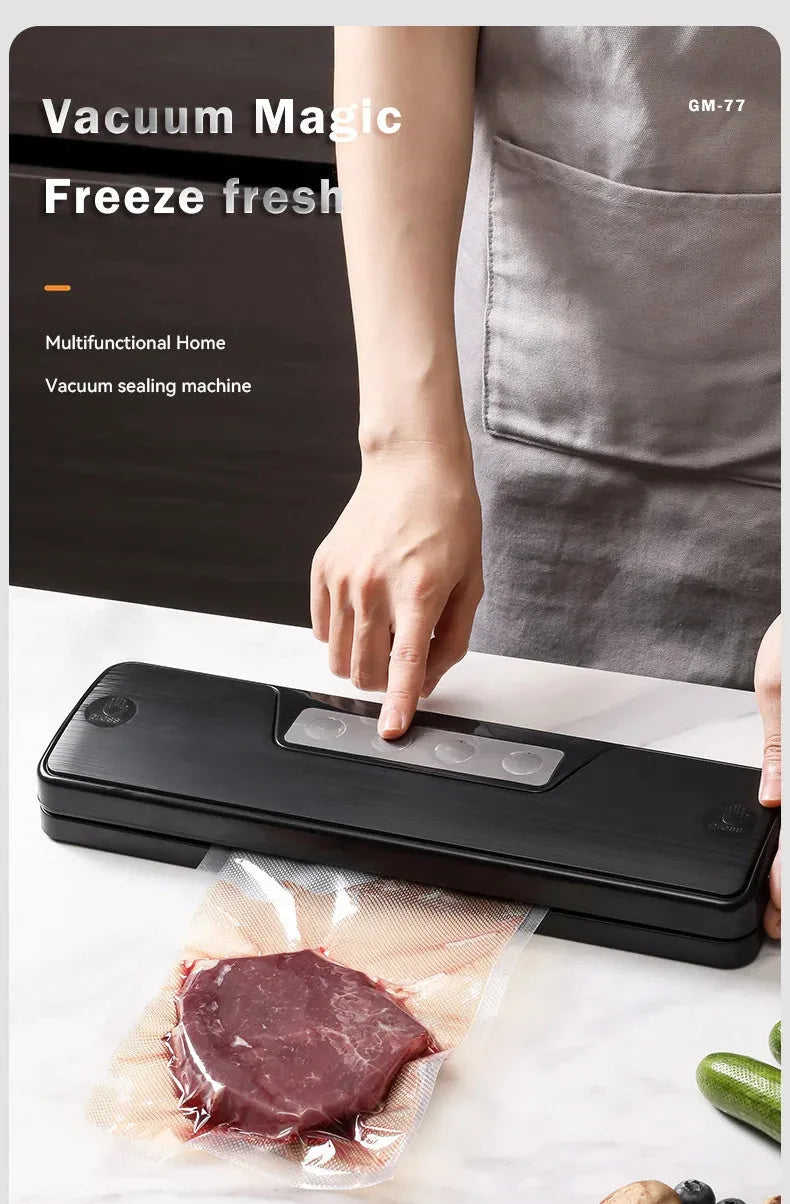 Small black automatic vacuum sealer machine for household food preservation with compact design