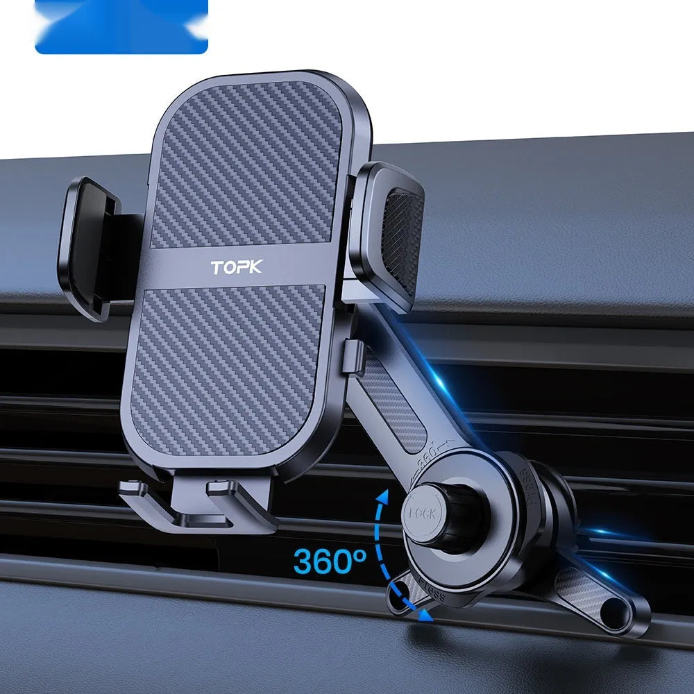 Universal in-car phone holder with suction cup and buckle mount for windscreen, air vent, or dashboard