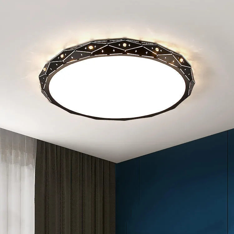 Round black iron frame LED ceiling light on a white ceiling.