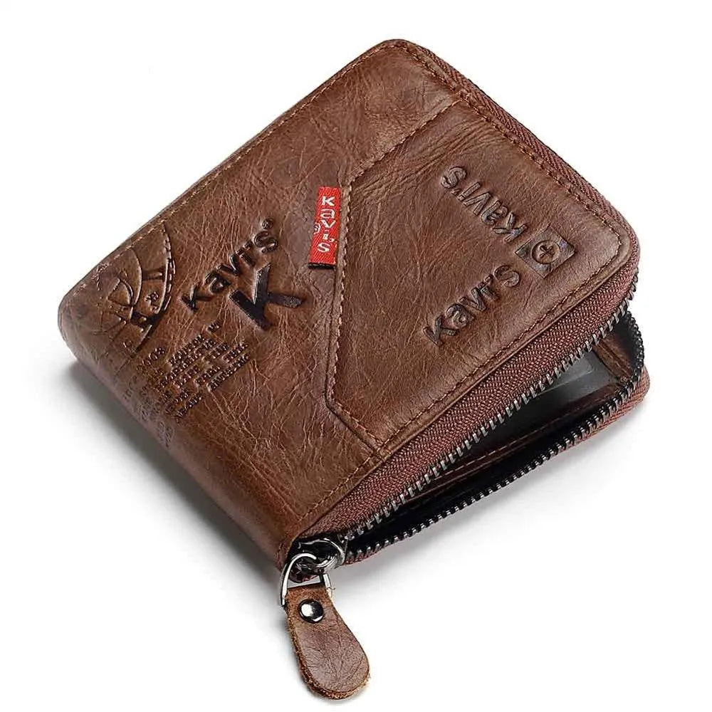 Soft genuine leather men's wallet with zipper closure showing internal compartments in coffee colour