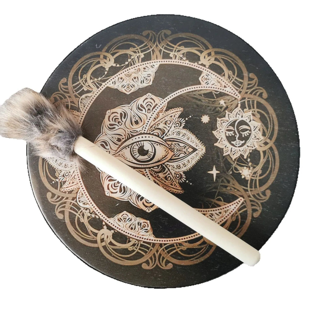 25cm Chinese ornamental drum with tree of life flower design, including drum hammer