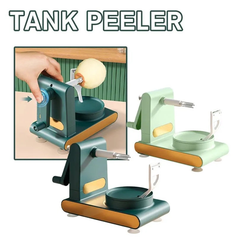 Hand-cranked peeler machine with suction base and fruit return button in light green, ABS plastic and metal