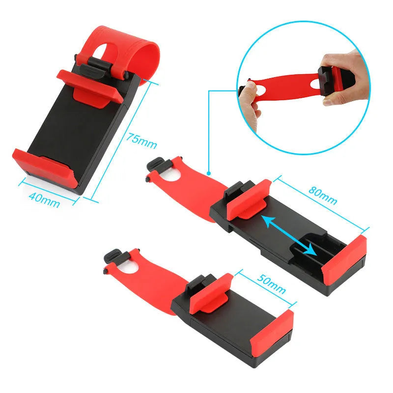 Black universal car steering wheel clip mount holding a mobile phone.