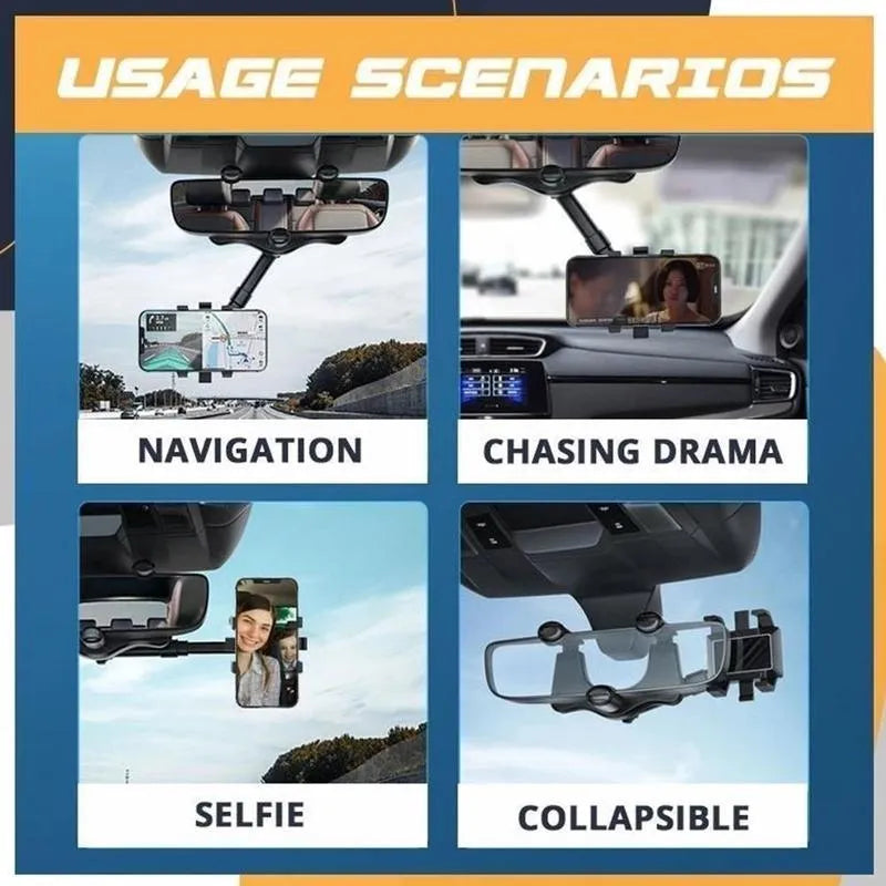 Black rearview mirror car phone holder with telescopic arm and 360° rotating joint on a car mirror.