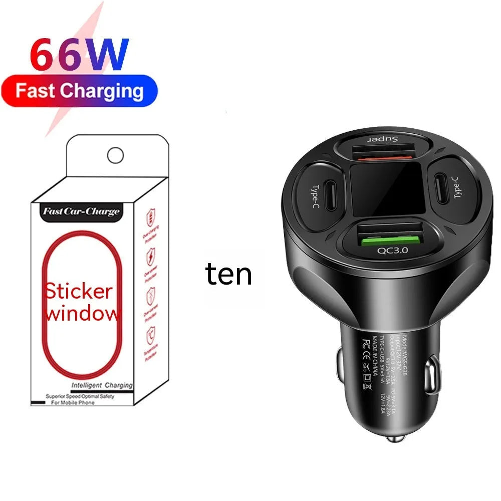 66W digital display car charger with two USB and two Type-C ports for vehicle fast charging