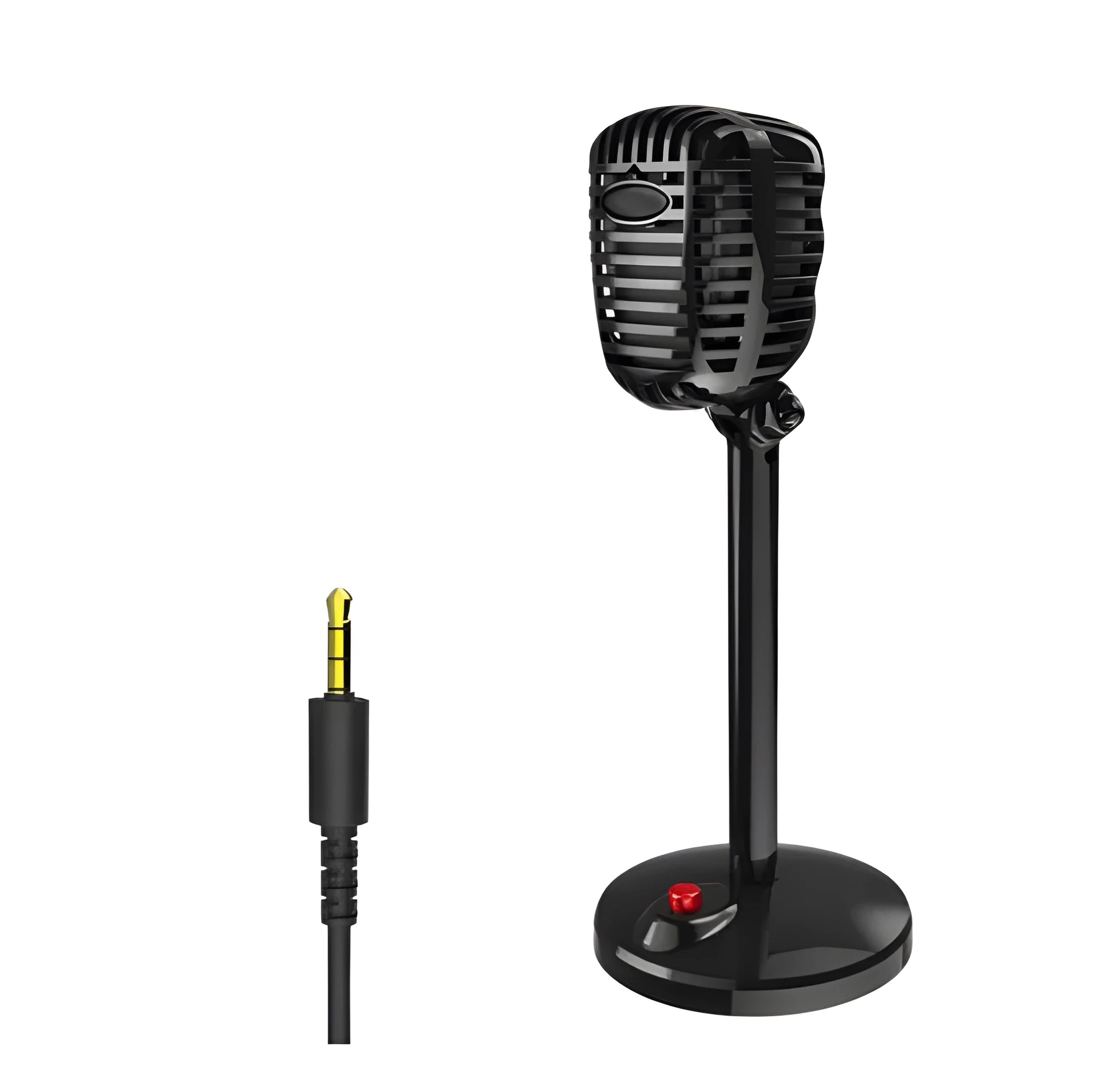 Black USB condenser microphone on an adjustable stand for computer recording and podcasting.