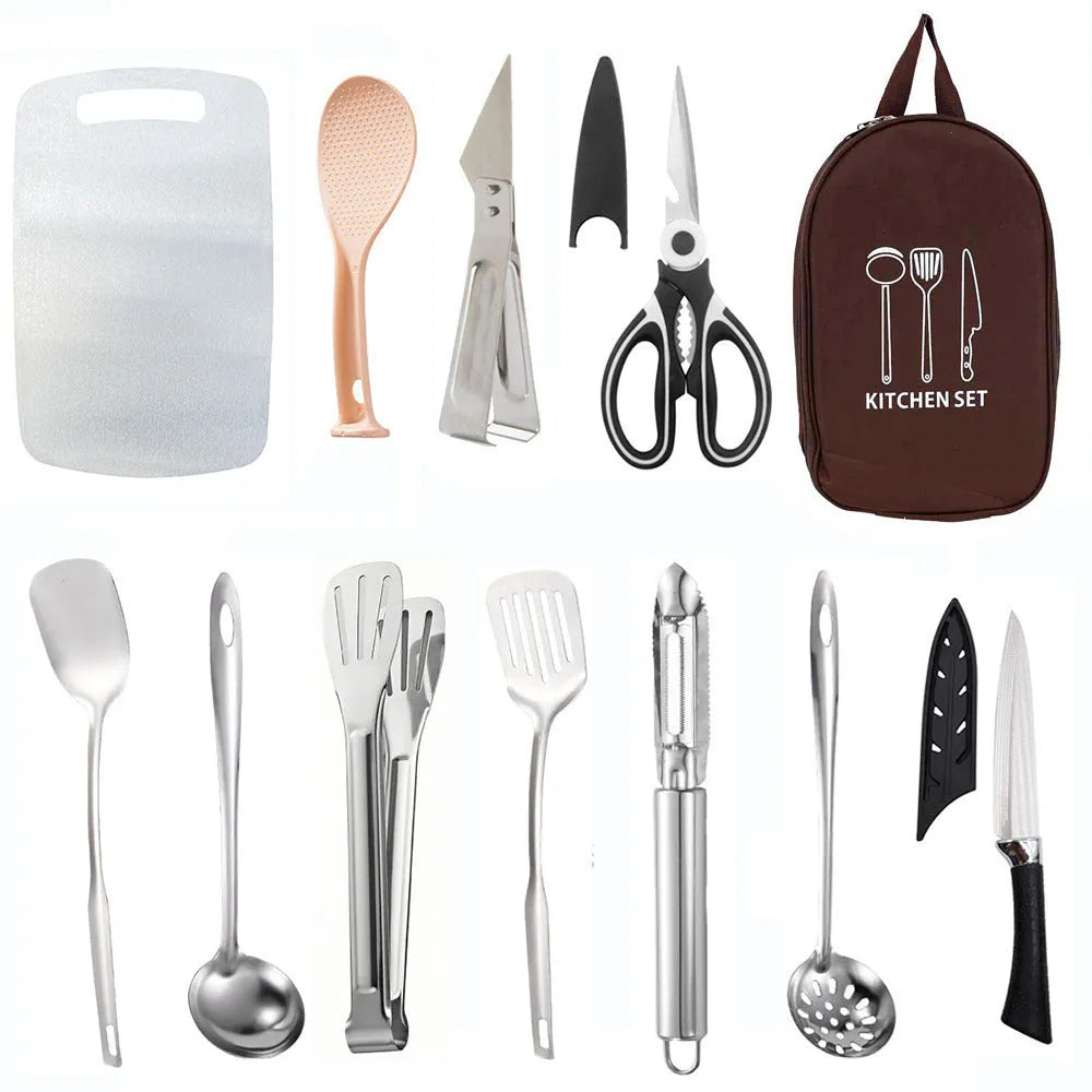 Portable khaki bag containing a 12-piece stainless steel picnic kitchenware set for outdoor dining.