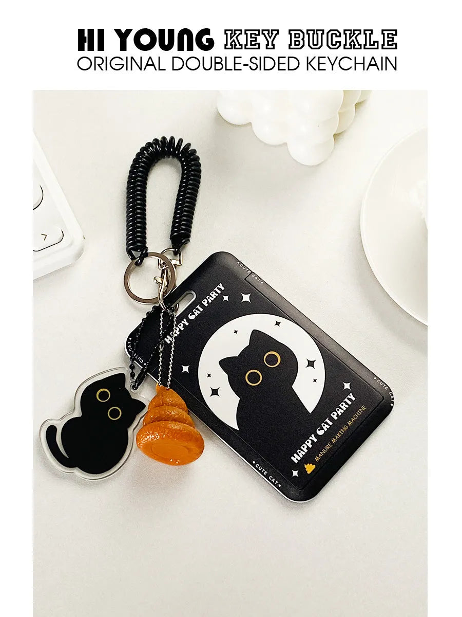 Black cat cartoon design plastic card holder with pendant attachment for bus subway student ID cards