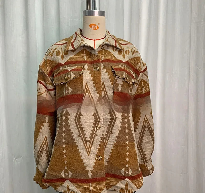 Women's loose fit aztec print retro coat in wool blend fabric, shown in army green.