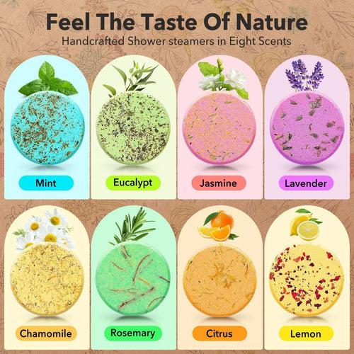Set of eight round dried flower fragrance shower pieces, 35g each, bath salts type