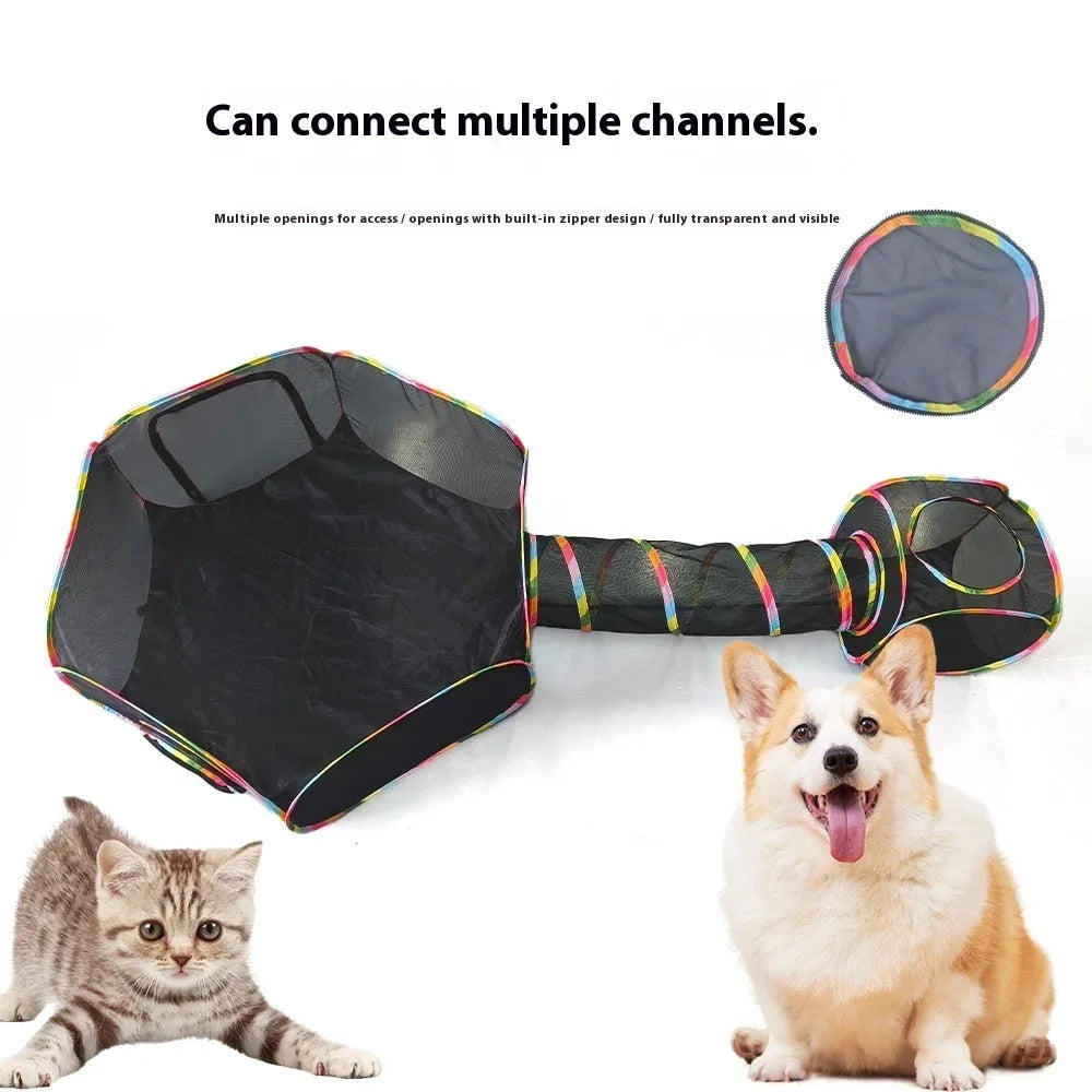 Foldable mesh cat cage showing multiple panel designs including hexagonal and square styles