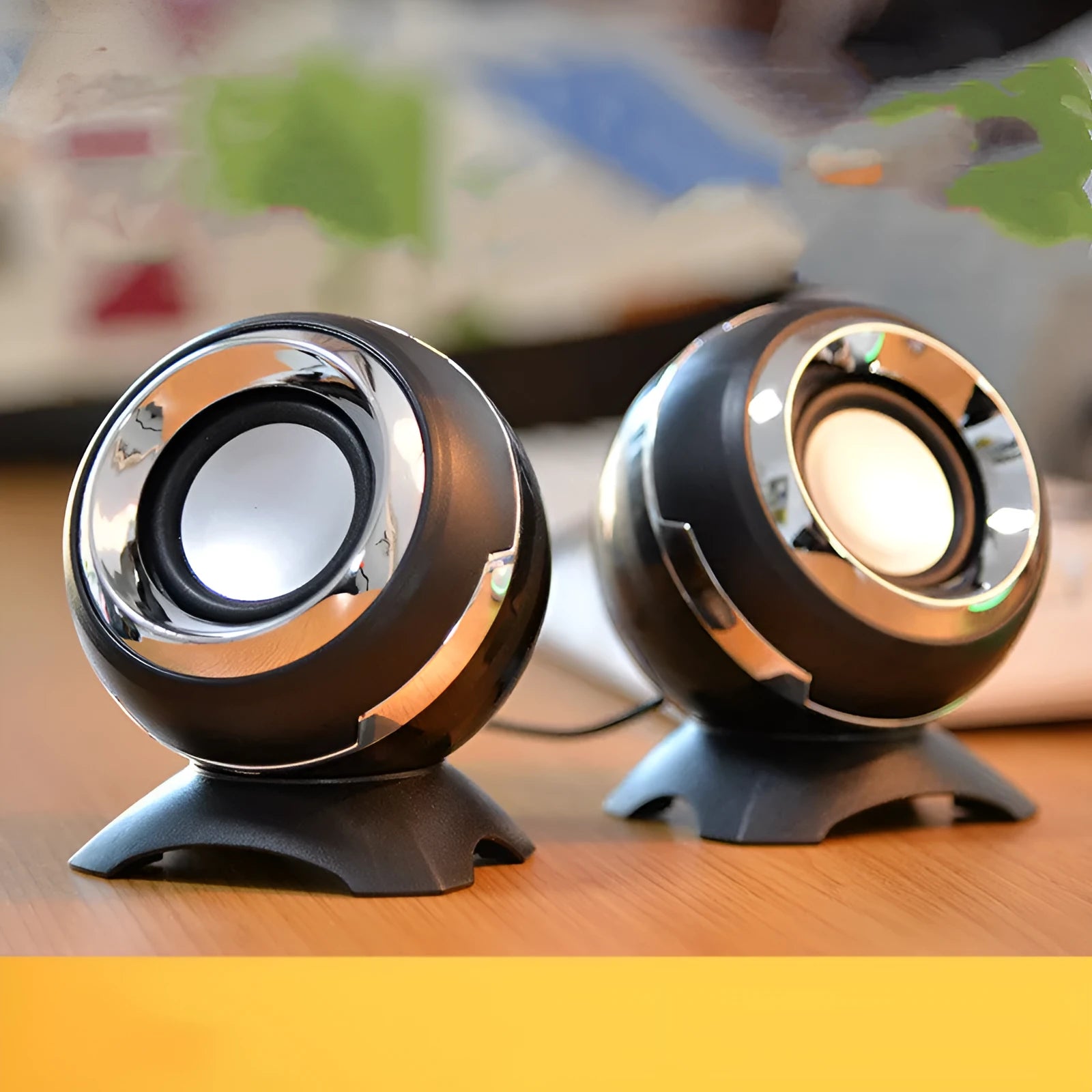 Compact black and gold USB-powered stereo desktop speakers for computers