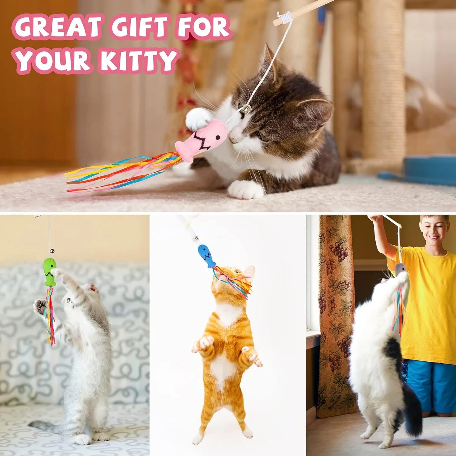 Colourful cat wand toy with ribbons, bell, and catnip fish on a wooden handle.