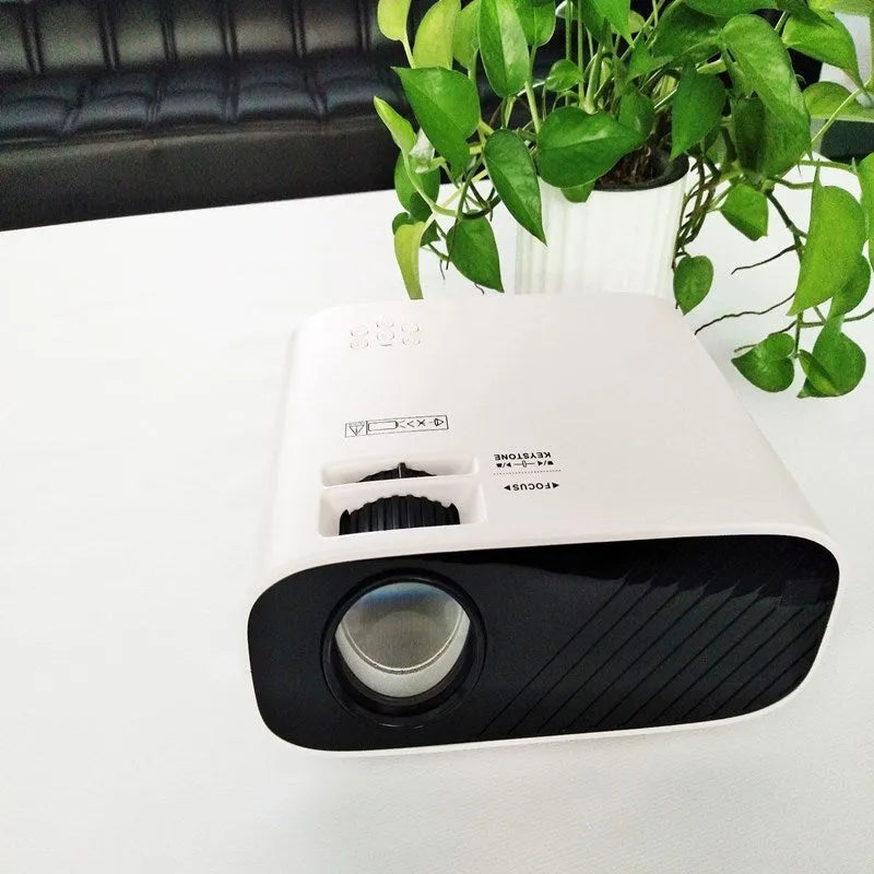 Portable LED smart projector with 18800 brightness, 1920x1080 support, 36-196 inch screen range, black or white.