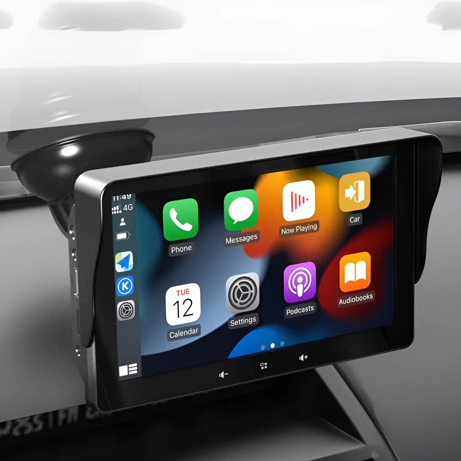 7 inch wireless CarPlay display with suction cup mount and cigarette lighter power adapter
