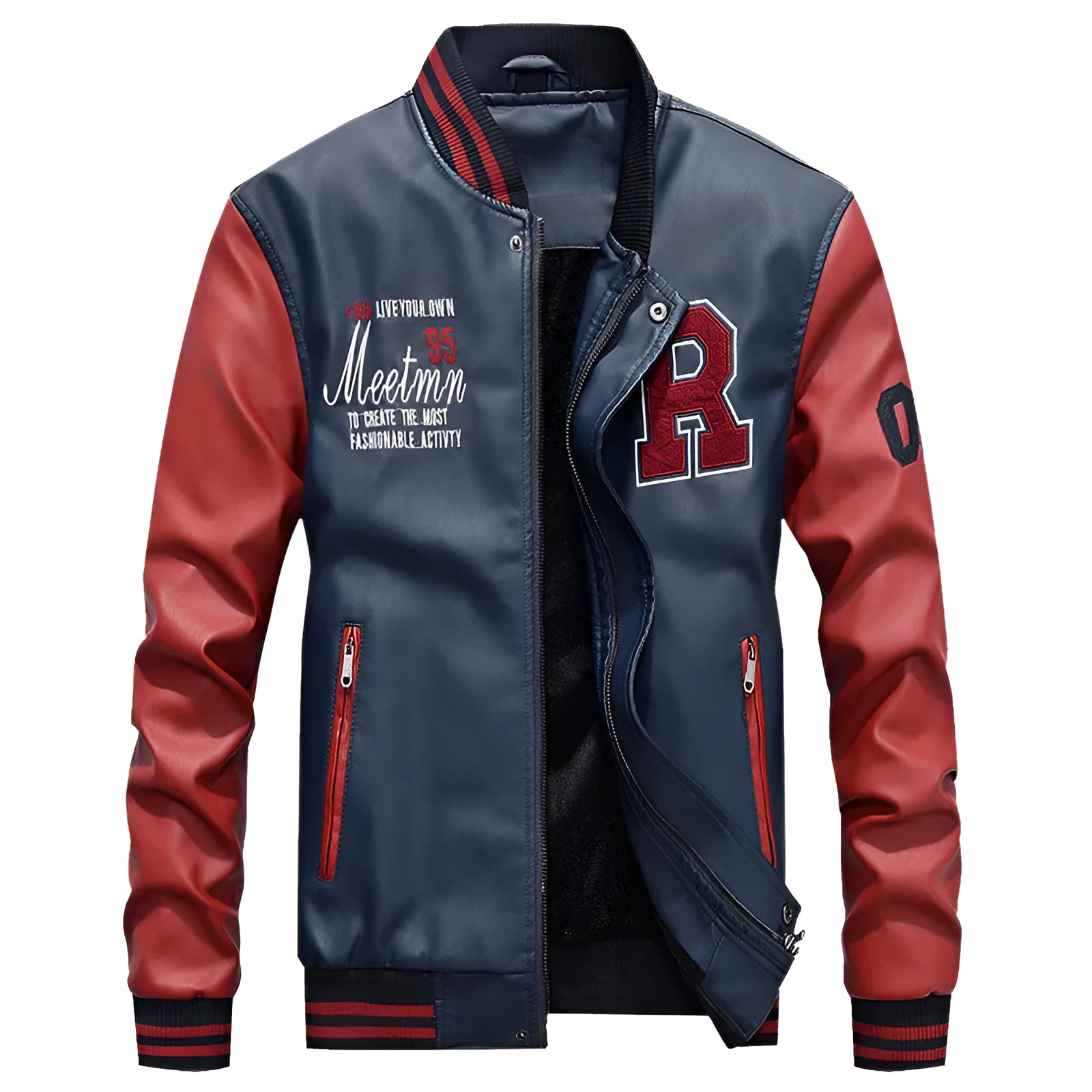 Leather effect casual jacket in red with full polyester lining, front view