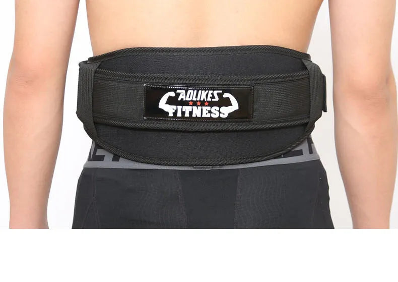Nylon fitness weightlifting waistband belt in black colour showing adjustable sizing for adult training