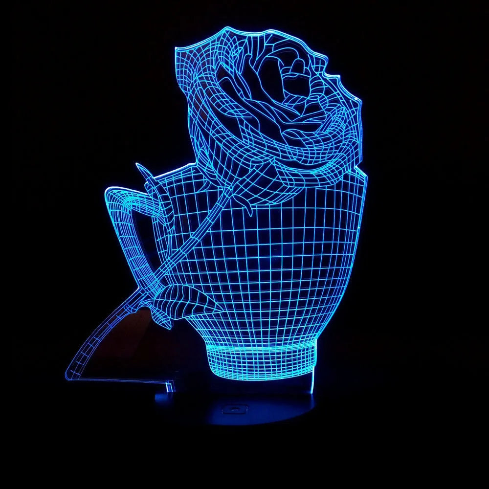 3D rose design LED night light with acrylic panel and ABS base showing multiple colour options.