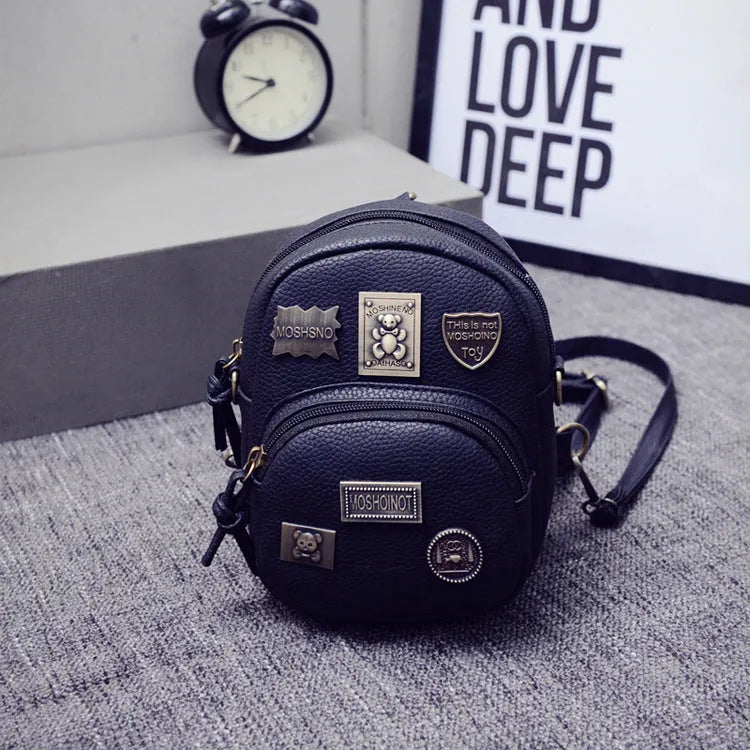 Women's mini shoulder bag vertical square PU grey crossbody with Korean fashion badge