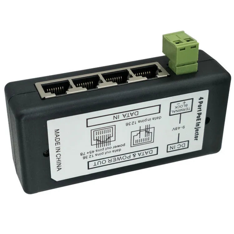 Four-port PoE DC power supply module in black plastic housing with RJ-45 interfaces