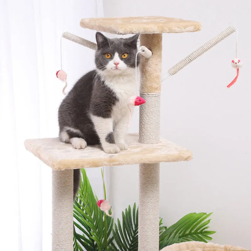 Cat climber cat house 140cm high with beige platforms and sisal scratching posts